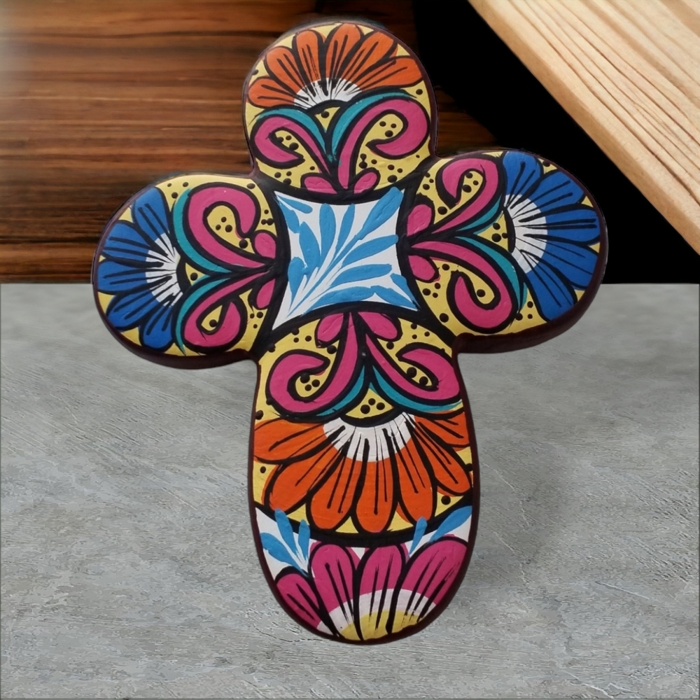 Cross, ceramic handpainted, mexican pottery